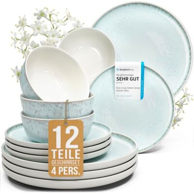 Steingut Geschirrset 4 Personen Ibiza 12 tlg. TESTSIEGER, Traumhaftes Mediterranes Steingut Geschirr Set, Schüssel- und Teller Set, Tafelservice 4 Personen, Geschirrsets Pure Living in Blau-Beige Steingut Geschirrset 4 Personen Ibiza 12 tlg. TESTSIEGER, Traumhaftes Mediterranes Steingut Geschirr Set, Schüssel- und Teller Set, Tafelservice 4 Personen, Geschirrsets Pure Living in Blau-Beige