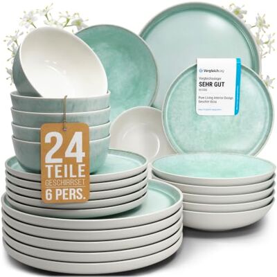 Steingut Geschirrset 6 Personen Ibiza 24 tlg. TESTSIEGER, Traumhaftes Mediterranes Steingut Geschirr Set, Schüssel- und Teller Set, Tafelservice 6 Personen, Geschirrsets Pure Living in Türkis Steingut Geschirrset 6 Personen Ibiza 24 tlg. TESTSIEGER, Traumhaftes Mediterranes Steingut Geschirr Set, Schüssel- und Teller Set, Tafelservice 6 Personen, Geschirrsets Pure Living in Türkis