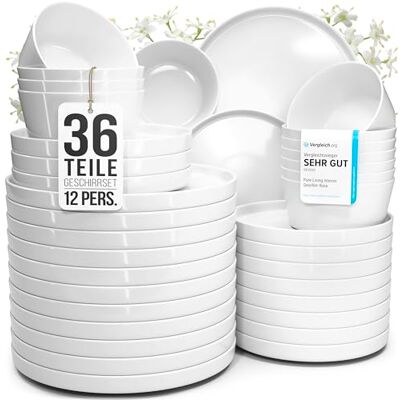 Porzellan Geschirrset 12 Personen Crystal 36 tlg. TESTSIEGER, Cooles klares Porzellan Geschirr Set, Schüssel- und Teller Set, Tafelservice 12 Personen, Geschirrsets Pure Living in weiß Porzellan Geschirrset 12 Personen Crystal 36 tlg. TESTSIEGER, Cooles klares Porzellan Geschirr Set, Schüssel- und Teller Set, Tafelservice 12 Personen, Geschirrsets Pure Living in weiß