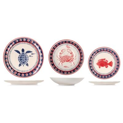 H&H Samoa Tafelservice 18-teilig aus dekoriertem Stoneware, Komplettes Geschirrset für 6 Personen, Maritimes Design mit roten Fischen und blauen Details H&H Samoa Tafelservice 18-teilig aus dekoriertem Stoneware, Komplettes Geschirrset für 6 Personen, Maritimes Design mit roten Fischen und blauen Details