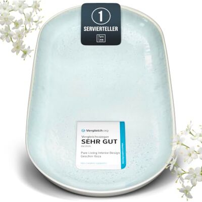 Steingut Servier Teller Groß Ibiza TESTSIEGER, Traumhafte Mediterrane Steingut Servierplatte, Serving Plate Oval, Servierteller Groß Pure Living in Blau-Beige Steingut Servier Teller Groß Ibiza TESTSIEGER, Traumhafte Mediterrane Steingut Servierplatte, Serving Plate Oval, Servierteller Groß Pure Living in Blau-Beige