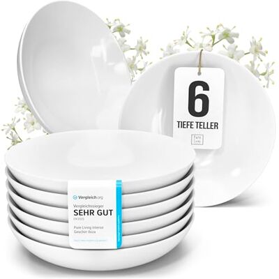 Porzellan Suppenteller 6 Personen Crystal TESTSIEGER, Cooles klares Porzellan Tiefe Teller Set, Pasta Teller Tief Groß Pure Living in weiß Porzellan Suppenteller 6 Personen Crystal TESTSIEGER, Cooles klares Porzellan Tiefe Teller Set, Pasta Teller Tief Groß Pure Living in weiß
