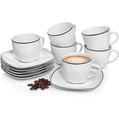 Sänger Tassen Set mit Untertasse Bilgola Black Rim 12 tlg, Kaffeetassen 6 Personen, Porzellan Kaffeeservice Kaffeetasse mit Untertasse, mit Schwarzen Akzenten 175 ml Sänger Tassen Set mit Untertasse Bilgola Black Rim 12 tlg, Kaffeetassen 6 Personen, Porzellan Kaffeeservice Kaffeetasse mit Untertasse, mit Schwarzen Akzenten 175 ml