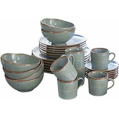 Loberon Geschirr 30er Set Périers, türkis/braun Bewusst unebenes Design, Handgetöpferte Optik, Hochwertiges Steinzeug Loberon Geschirr 30er Set Périers, türkis/braun Bewusst unebenes Design, Handgetöpferte Optik, Hochwertiges Steinzeug