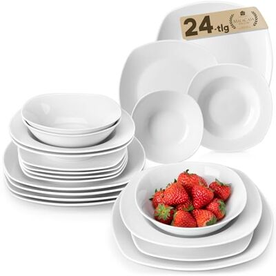 MALACASA Elisa Geschirrset 6 Personen 24 tlg, Porzellan Weiß Tafelservice Teller Set mit Suppentellern, Desserttellern & Schüsseln, Modernes Eckiges Design, Mikrowellengeeignet MALACASA Elisa Geschirrset 6 Personen 24 tlg, Porzellan Weiß Tafelservice Teller Set mit Suppentellern, Desserttellern & Schüsseln, Modernes Eckiges Design, Mikrowellengeeignet