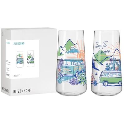 RITZENHOFF 8092002 Allround Trinkglas 2er Set 600 ml, Serie Entdecker, 2 Stück mit Van-Motiv, bunt Made in Germany RITZENHOFF 8092002 Allround Trinkglas 2er Set 600 ml, Serie Entdecker, 2 Stück mit Van-Motiv, bunt Made in Germany
