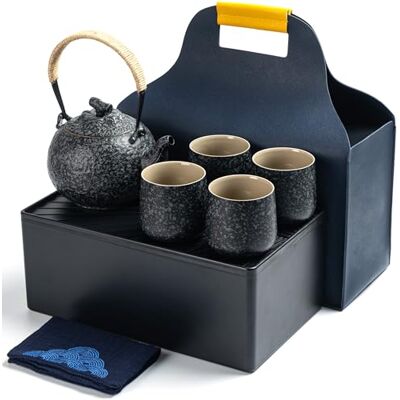 TEANAGOO Japanisches Reise-Teeset, Teekanne 700 ml + 4 Tassen, Rocky-Grau Keramik-Teeset, Box als Ablauf-Tablett & Wasserspeicher, Reisetasche für Camping, Tassen spülmaschinengeeignet, Geschenk TEANAGOO Japanisches Reise-Teeset, Teekanne 700 ml + 4 Tassen, Rocky-Grau Keramik-Teeset, Box als Ablauf-Tablett & Wasserspeicher, Reisetasche für Camping, Tassen spülmaschinengeeignet, Geschenk