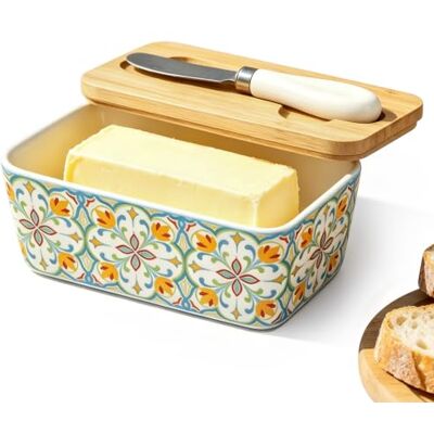 YOOMUR Butterdose Keramik 15.5x9.2x6.8cm Butterglocke Mit Holzdeckel Und Buttermesser, Französische Butterdose Porzellan Böhmischer Butterschale Butterbehälter Butterbox Butterfass Für Haushalt Und Küche YOOMUR Butterdose Keramik 15.5x9.2x6.8cm Butterglocke Mit Holzdeckel Und Buttermesser, Französische Butterdose Porzellan Böhmischer Butterschale Butterbehälter Butterbox Butterfass Für Haushalt Und Küche