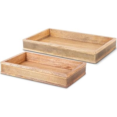 DRW Set mit 2 rechteckigen Tabletts aus Holz und Metall, Natur und Gold, 38 x 23 x 5 cm und 30 x 20 x 5 cm DRW Set mit 2 rechteckigen Tabletts aus Holz und Metall, Natur und Gold, 38 x 23 x 5 cm und 30 x 20 x 5 cm
