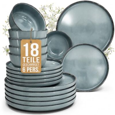 Steingut Geschirrset 6 Personen Rustic 18 tlg. TESTSIEGER, Hochwertiges Landhaussttil Steingut Geschirr Set, Schüssel- und Teller Set, Tafelservice 6 Personen, Geschirrsets Pure Living in Rauchblau Steingut Geschirrset 6 Personen Rustic 18 tlg. TESTSIEGER, Hochwertiges Landhaussttil Steingut Geschirr Set, Schüssel- und Teller Set, Tafelservice 6 Personen, Geschirrsets Pure Living in Rauchblau