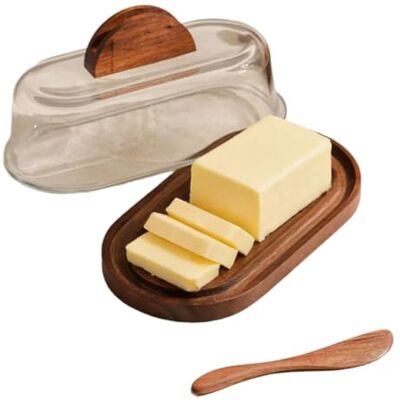 EMASDGEY Butterbehälter für den Frühstückstisch mit Holzsockel Transparente Abdeckung, Lieferumfang enthaltener Streuer, überdachtes Display für den Käseverkauf EMASDGEY Butterbehälter für den Frühstückstisch mit Holzsockel Transparente Abdeckung, Lieferumfang enthaltener Streuer, überdachtes Display für den Käseverkauf