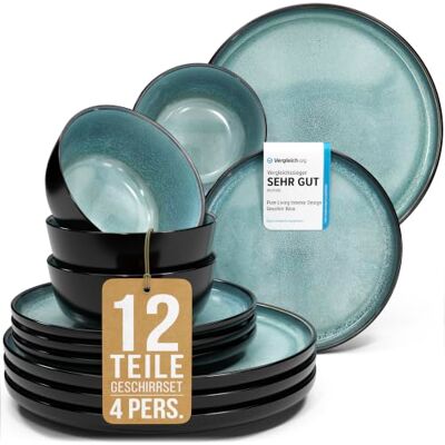 Steingut Geschirrset 4 Personen Ibiza 12 tlg. TESTSIEGER, Traumhaftes Mediterranes Steingut Geschirr Set, Schüssel- und Teller Set, Tafelservice 4 Personen, Geschirrsets Pure Living in Petrol Steingut Geschirrset 4 Personen Ibiza 12 tlg. TESTSIEGER, Traumhaftes Mediterranes Steingut Geschirr Set, Schüssel- und Teller Set, Tafelservice 4 Personen, Geschirrsets Pure Living in Petrol