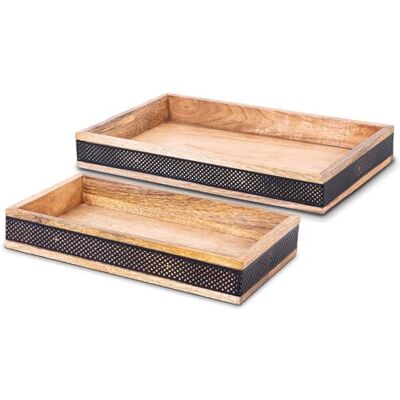 DRW Set mit 2 rechteckigen Tabletts aus Holz und Metall, Natur und schwarz, 38 x 23 x 5 cm und 30 x 20 x 5 cm DRW Set mit 2 rechteckigen Tabletts aus Holz und Metall, Natur und schwarz, 38 x 23 x 5 cm und 30 x 20 x 5 cm
