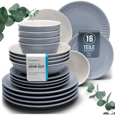 Steingut Geschirrset 4 Personen Hygge 16 tlg. TESTSIEGER, Traumhaftes Skandinavisches Steingut Geschirr Set, Schüssel- und Teller Set, Tafelservice 4 Personen, Geschirrsets Pure Living in Graublau Steingut Geschirrset 4 Personen Hygge 16 tlg. TESTSIEGER, Traumhaftes Skandinavisches Steingut Geschirr Set, Schüssel- und Teller Set, Tafelservice 4 Personen, Geschirrsets Pure Living in Graublau