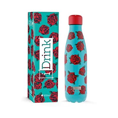 IDRINK ® Bouteille thermique révolutionnaire, bouteille en acier inoxydable à 2 parois PRIX DE FIN DE SÉRIE, 500 ML TATTOO ROSEN IDRINK ® Bouteille thermique révolutionnaire, bouteille en acier inoxydable à 2 parois PRIX DE FIN DE SÉRIE, 500 ML TATTOO ROSEN