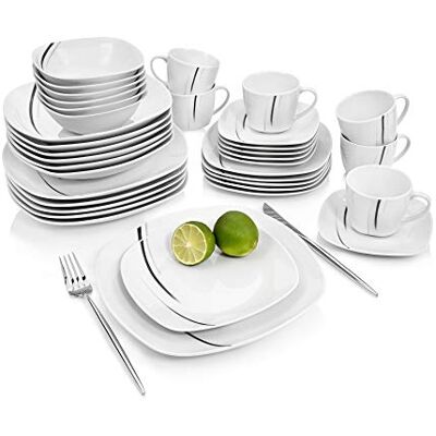Sänger Bilgola Black Lines Kombiservice 36-tlgs Geschirrset für 6 Personen Mit Speise-, Dessert- und Suppentellern, Müslischalen sowie Kaffee- und Untertassen aus Porzellan in stilvoller eckiger Form Sänger Bilgola Black Lines Kombiservice 36-tlgs Geschirrset für 6 Personen Mit Speise-, Dessert- und Suppentellern, Müslischalen sowie Kaffee- und Untertassen aus Porzellan in stilvoller eckiger Form