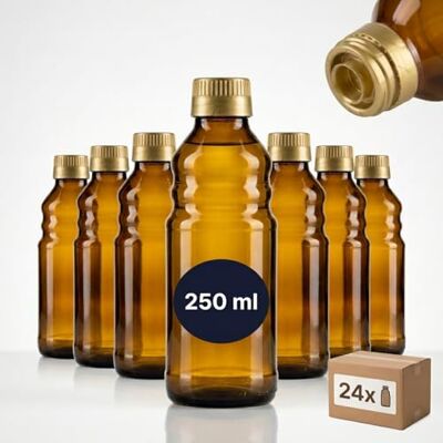 gouveo 24er Set Glasflasche 250 ml (0,25 l) Rical Glasflasche 250 ml rund Ricalverschluss mit Originalitätssicherung & Ausgießer Braunglas für Öl, Essig & Sirup Lichtschutz (RFR250G) gouveo 24er Set Glasflasche 250 ml (0,25 l) Rical Glasflasche 250 ml rund Ricalverschluss mit Originalitätssicherung & Ausgießer Braunglas für Öl, Essig & Sirup Lichtschutz (RFR250G)