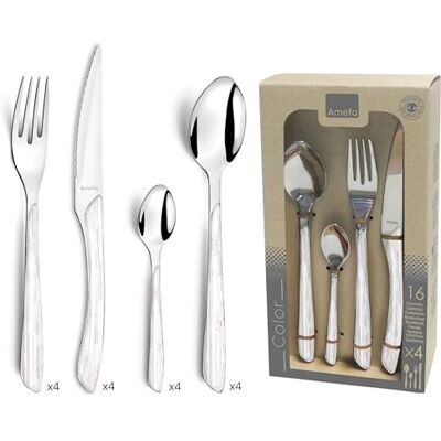 Amefa Tafelbesteck 16-teilig für 4 Personen – Eclat Nature – Edelstahl 18/0, glänzende Oberfläche – Holz weiß Amefa Tafelbesteck 16-teilig für 4 Personen – Eclat Nature – Edelstahl 18/0, glänzende Oberfläche – Holz weiß