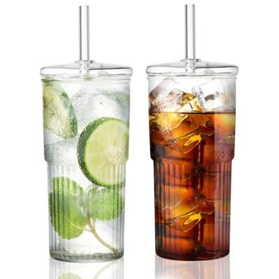 Woobroo Glasbecher mit Deckel und Strohhalm,2 Stück 600ml/20Oz Trinkbecher Iced Coffee Glas Smoothie Becher Eiskaffee Becher für Milch, Eiswasser, Saft, Kaffee, Soda, Cocktail, kalte oder heiße Getränke Woobroo Glasbecher mit Deckel und Strohhalm,2 Stück 600ml/20Oz Trinkbecher Iced Coffee Glas Smoothie Becher Eiskaffee Becher für Milch, Eiswasser, Saft, Kaffee, Soda, Cocktail, kalte oder heiße Getränke