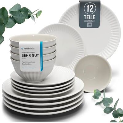 Steingut Geschirrset 4 Personen Hygge 12 tlg. TESTSIEGER, Traumhaftes Skandinavisches Steingut Geschirr Set, Schüssel- und Teller Set, Tafelservice 4 Personen, Geschirrsets Pure Living in Hellgrau Steingut Geschirrset 4 Personen Hygge 12 tlg. TESTSIEGER, Traumhaftes Skandinavisches Steingut Geschirr Set, Schüssel- und Teller Set, Tafelservice 4 Personen, Geschirrsets Pure Living in Hellgrau