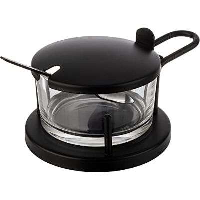 APS 40333 Parmesan-Menage "CLASSIC", mit Löffel, Glasbehälter im Edelstahl-Gestell, Ø 11 cm APS 40333 Parmesan-Menage "CLASSIC", mit Löffel, Glasbehälter im Edelstahl-Gestell, Ø 11 cm