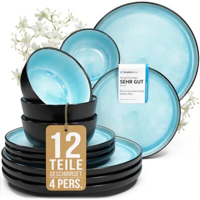 Steingut Geschirrset 4 Personen Ibiza 12 tlg. TESTSIEGER, Traumhaftes Mediterranes Steingut Geschirr Set, Schüssel- und Teller Set, Tafelservice 4 Personen, Geschirrsets Pure Living in Türkis Steingut Geschirrset 4 Personen Ibiza 12 tlg. TESTSIEGER, Traumhaftes Mediterranes Steingut Geschirr Set, Schüssel- und Teller Set, Tafelservice 4 Personen, Geschirrsets Pure Living in Türkis