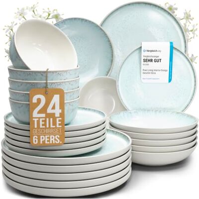 Steingut Geschirrset 6 Personen Ibiza 24 tlg. TESTSIEGER, Traumhaftes Mediterranes Steingut Geschirr Set, Schüssel- und Teller Set, Tafelservice 6 Personen, Geschirrsets Pure Living in Beige-Blue Steingut Geschirrset 6 Personen Ibiza 24 tlg. TESTSIEGER, Traumhaftes Mediterranes Steingut Geschirr Set, Schüssel- und Teller Set, Tafelservice 6 Personen, Geschirrsets Pure Living in Beige-Blue