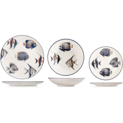 H&H Harbor Tafelservice 18-teilig aus dekoriertem Stoneware, Komplettes Geschirrset für 6 Personen, Maritimes Design mit Fischdekor, Essteller Ø 26 cm, tiefe Coupe-Teller Ø 25,5 cm und Dessertteller H&H Harbor Tafelservice 18-teilig aus dekoriertem Stoneware, Komplettes Geschirrset für 6 Personen, Maritimes Design mit Fischdekor, Essteller Ø 26 cm, tiefe Coupe-Teller Ø 25,5 cm und Dessertteller