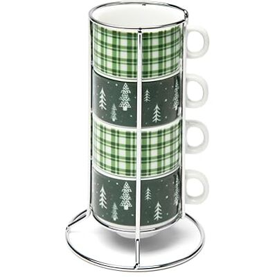 Excelsa Green Winter Set aus 4 Kaffeetassen aus Porzellan mit Tartan und Tannen-Motiv, stapelbarer Metallständer Excelsa Green Winter Set aus 4 Kaffeetassen aus Porzellan mit Tartan und Tannen-Motiv, stapelbarer Metallständer