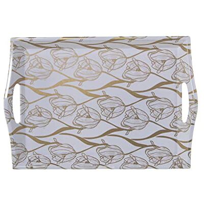 DRW Rechteckiges Tablett aus Melamin mit Griffen und Blumen in Gold und Weiß, 4 x 25 x 35 cm DRW Rechteckiges Tablett aus Melamin mit Griffen und Blumen in Gold und Weiß, 4 x 25 x 35 cm