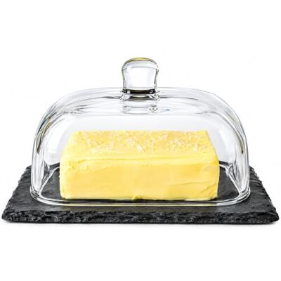 Sendez Butterdose auf Schieferplatte mit Glasdeckel – Butterglocke Butterschale für Kühlschrank & Tisch – Butterbehälter für 250 g Butter – Butterdose Glas & Schiefer Servierplatte Sendez Butterdose auf Schieferplatte mit Glasdeckel – Butterglocke Butterschale für Kühlschrank & Tisch – Butterbehälter für 250 g Butter – Butterdose Glas & Schiefer Servierplatte