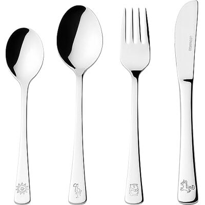 LEONARDO HOME Bambini Avventura Kinder-Besteck Set 4-teilig Besteck mit Motiven aus hochwertigem Edelstahl Spülmaschinengeeignet Mit Tier-Motiven Panda, Einhorn, Sonne Gravierbar, 070799 LEONARDO HOME Bambini Avventura Kinder-Besteck Set 4-teilig Besteck mit Motiven aus hochwertigem Edelstahl Spülmaschinengeeignet Mit Tier-Motiven Panda, Einhorn, Sonne Gravierbar, 070799