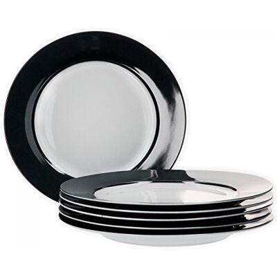 Van Well Vario Speiseteller-Set 6-teilig Tafel-Service für 6 Personen flache Ess-Teller mit Ø 26,5cm Porzellan-Service weiß mit Rand in Schwarz Teller-Set mikrowellengeeignet Van Well Vario Speiseteller-Set 6-teilig Tafel-Service für 6 Personen flache Ess-Teller mit Ø 26,5cm Porzellan-Service weiß mit Rand in Schwarz Teller-Set mikrowellengeeignet