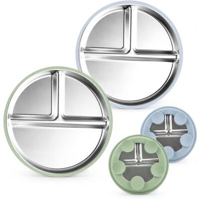 Carehabi Stainless Steel Baby Suction Plate Set, 2 Split Plates with Suction Cup & 2 Spoons, Baby Tableware for Complementary Food & Independent Eating Carehabi Stainless Steel Baby Suction Plate Set, 2 Split Plates with Suction Cup & 2 Spoons, Baby Tableware for Complementary Food & Independent Eating