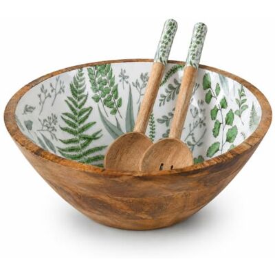 Decorasian Emaillierte Schale aus Mangoholz mit Salatbesteck – Handgemachte Holzschüssel, Boho Deko Obstschale & Salatschale Blätter Muster 25cm Decorasian Emaillierte Schale aus Mangoholz mit Salatbesteck – Handgemachte Holzschüssel, Boho Deko Obstschale & Salatschale Blätter Muster 25cm
