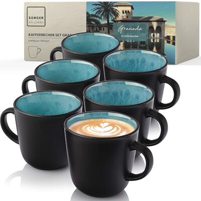 Sänger Granada Kaffeebecher 6 Personen, Steingut Kaffeetassen Set 6er Tassen Teetasse spülmaschinenfest mikrowellenfest, Coffee Mug blau mit schwarzem Rand 430 ml Sänger Granada Kaffeebecher 6 Personen, Steingut Kaffeetassen Set 6er Tassen Teetasse spülmaschinenfest mikrowellenfest, Coffee Mug blau mit schwarzem Rand 430 ml