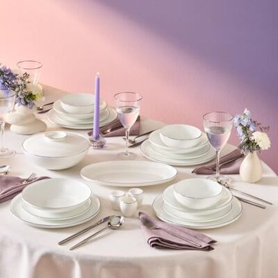 KARACA New Meridian 55-teiliges Geschirrset für 12 Personen, Elegantes Teller Set, Langlebiges Bone China Geschirr, Weiß mit Platin Tafelservice KARACA New Meridian 55-teiliges Geschirrset für 12 Personen, Elegantes Teller Set, Langlebiges Bone China Geschirr, Weiß mit Platin Tafelservice