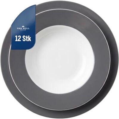 Van Well Vario Speiseteller-Set 12-teilig Tafel-Service für 6 Personen flache Ess-Teller mit Ø 21,5cm & 6 tiefe Teller Ø 26,5cm Porzellan-Service weiß mit Rand in Grau Van Well Vario Speiseteller-Set 12-teilig Tafel-Service für 6 Personen flache Ess-Teller mit Ø 21,5cm & 6 tiefe Teller Ø 26,5cm Porzellan-Service weiß mit Rand in Grau