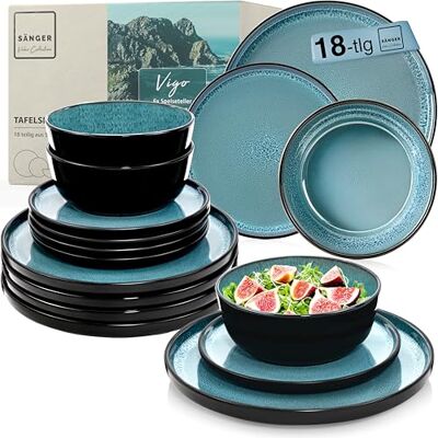Sänger Vigo Steingut Geschirr Set 18 tlg, Teller Set 6 Personen, Geschirr Set 6x Speiseteller 6x Müslischalen 6x Dessertteller, Tafelservice blau mit schwarzem Rand kratzfest Sänger Vigo Steingut Geschirr Set 18 tlg, Teller Set 6 Personen, Geschirr Set 6x Speiseteller 6x Müslischalen 6x Dessertteller, Tafelservice blau mit schwarzem Rand kratzfest