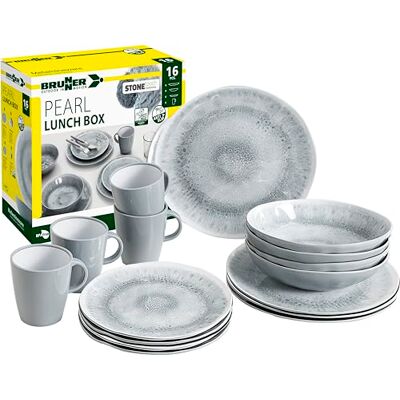 BRUNNER Melamin Ess Geschirr Set Lunch Box 16-Teilig Camping Reise Teller Becher Stonetouch Pearl BRUNNER Melamin Ess Geschirr Set Lunch Box 16-Teilig Camping Reise Teller Becher Stonetouch Pearl