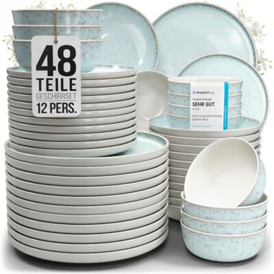 Steingut Geschirrset 12 Personen Ibiza 48 tlg. TESTSIEGER, Traumhaftes Mediterranes Steingut Geschirr Set, Schüssel- und Teller Set, Tafelservice 12 Personen, Geschirrsets Pure Living in Blau-Beige Steingut Geschirrset 12 Personen Ibiza 48 tlg. TESTSIEGER, Traumhaftes Mediterranes Steingut Geschirr Set, Schüssel- und Teller Set, Tafelservice 12 Personen, Geschirrsets Pure Living in Blau-Beige