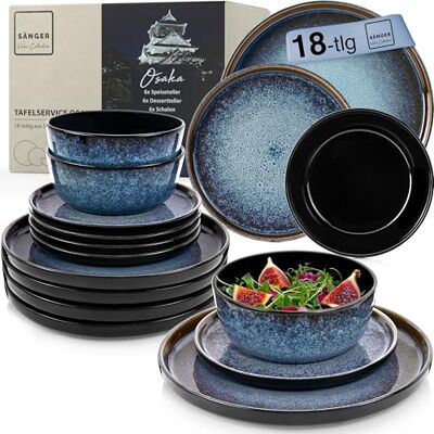 Sänger Osaka Steingut Geschirr Set 18 tlg, Teller Set 6 Personen Geschirrset 6x Speiseteller 6x Müslischalen 6x Dessertteller, Tafelservice blau mit schwarzem Rand kratzfest Sänger Osaka Steingut Geschirr Set 18 tlg, Teller Set 6 Personen Geschirrset 6x Speiseteller 6x Müslischalen 6x Dessertteller, Tafelservice blau mit schwarzem Rand kratzfest