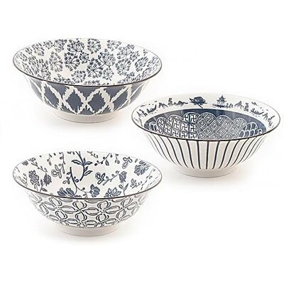 H&H Poke-Cup-Set aus Porzellan, rund, verschiedene Dekorationen, 21 cm, Blau und Weiß, 3 Stück H&H Poke-Cup-Set aus Porzellan, rund, verschiedene Dekorationen, 21 cm, Blau und Weiß, 3 Stück