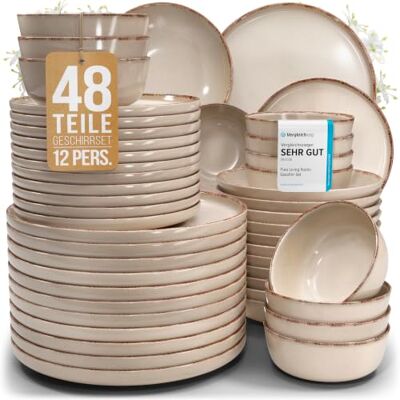 Steingut Geschirrset 12 Personen Rustic 48 tlg. TESTSIEGER, Hochwertiges Landhaussttil Steingut Geschirr Set, Schüssel- und Teller Set, Tafelservice 12 Personen, Geschirrsets Pure Living in Beige Steingut Geschirrset 12 Personen Rustic 48 tlg. TESTSIEGER, Hochwertiges Landhaussttil Steingut Geschirr Set, Schüssel- und Teller Set, Tafelservice 12 Personen, Geschirrsets Pure Living in Beige