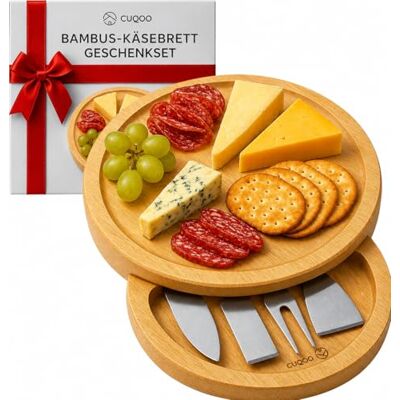 CUQOO Käsebrett-Set mit rundem Holzbrett mit integriertem herausziehbarem Messerfach, 3 Edelstahlmesser und Gabel, Obst, Käse & Fleisch, Lebensmittelbrett, geeignet für Picknicks, Partys, Geschenk-Set CUQOO Käsebrett-Set mit rundem Holzbrett mit integriertem herausziehbarem Messerfach, 3 Edelstahlmesser und Gabel, Obst, Käse & Fleisch, Lebensmittelbrett, geeignet für Picknicks, Partys, Geschenk-Set