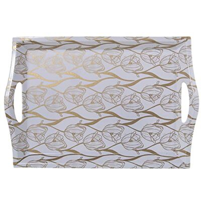 DRW Rechteckiges Tablett aus Melamin mit Griffen und Blumen in Gold und Weiß, 5 x 31 x 44 cm DRW Rechteckiges Tablett aus Melamin mit Griffen und Blumen in Gold und Weiß, 5 x 31 x 44 cm
