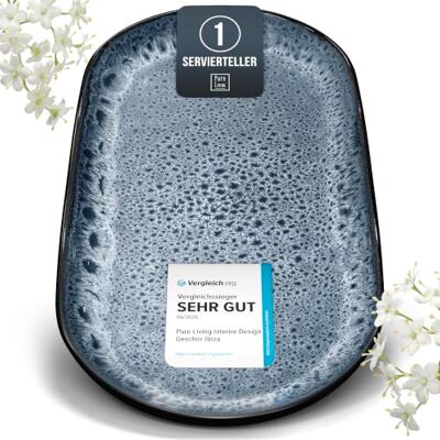 Steingut Servier Teller Groß Ibiza TESTSIEGER, Traumhafte Mediterrane Steingut Servierplatte, Serving Plate Oval, Servierteller Groß Pure Living in Graublau Steingut Servier Teller Groß Ibiza TESTSIEGER, Traumhafte Mediterrane Steingut Servierplatte, Serving Plate Oval, Servierteller Groß Pure Living in Graublau