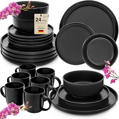 Sänger Madeira Kombiservice 24 teilig, Steingut Geschirr Set 6 Personen 6x Teller Set 6x Frühstücksteller 6x Tiefe Teller 6x Kaffeebecher Geschirrset und Schale schwarz Sänger Madeira Kombiservice 24 teilig, Steingut Geschirr Set 6 Personen 6x Teller Set 6x Frühstücksteller 6x Tiefe Teller 6x Kaffeebecher Geschirrset und Schale schwarz