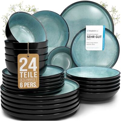 Steingut Geschirrset 6 Personen Ibiza 24 tlg. TESTSIEGER, Traumhaftes Mediterranes Steingut Geschirr Set, Schüssel- und Teller Set, Tafelservice 6 Personen, Geschirrsets Pure Living in Petrol Steingut Geschirrset 6 Personen Ibiza 24 tlg. TESTSIEGER, Traumhaftes Mediterranes Steingut Geschirr Set, Schüssel- und Teller Set, Tafelservice 6 Personen, Geschirrsets Pure Living in Petrol