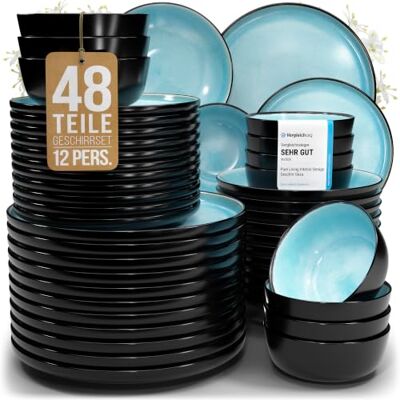 Steingut Geschirrset 12 Pers. Ibiza 48-tlg Hochwertiges Mediterranes Steingut Geschirr Set Schüssel- und Teller Set Tafelservice 12 Personen Geschirrsets Pure Living in Türkis Steingut Geschirrset 12 Pers. Ibiza 48-tlg Hochwertiges Mediterranes Steingut Geschirr Set Schüssel- und Teller Set Tafelservice 12 Personen Geschirrsets Pure Living in Türkis